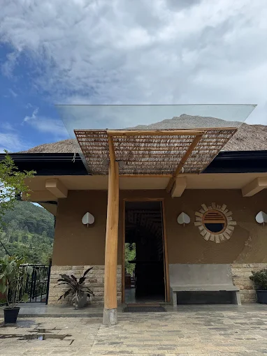 Rustic modern entrance of The Feel Luxury Boutique Hotel Ella with mountain views