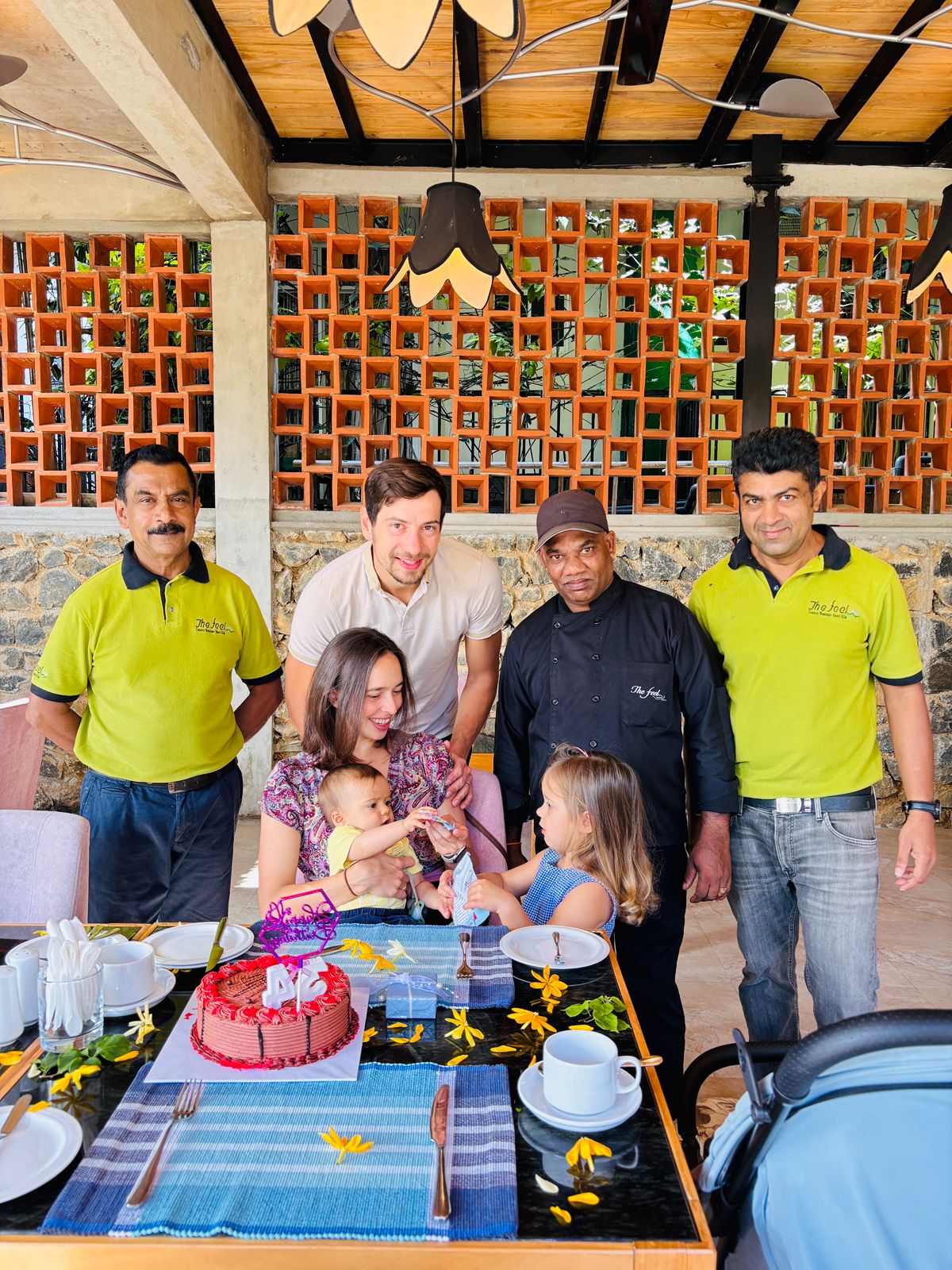 The Feel Hotel staff and guests celebrating together at the restaurant in Ella